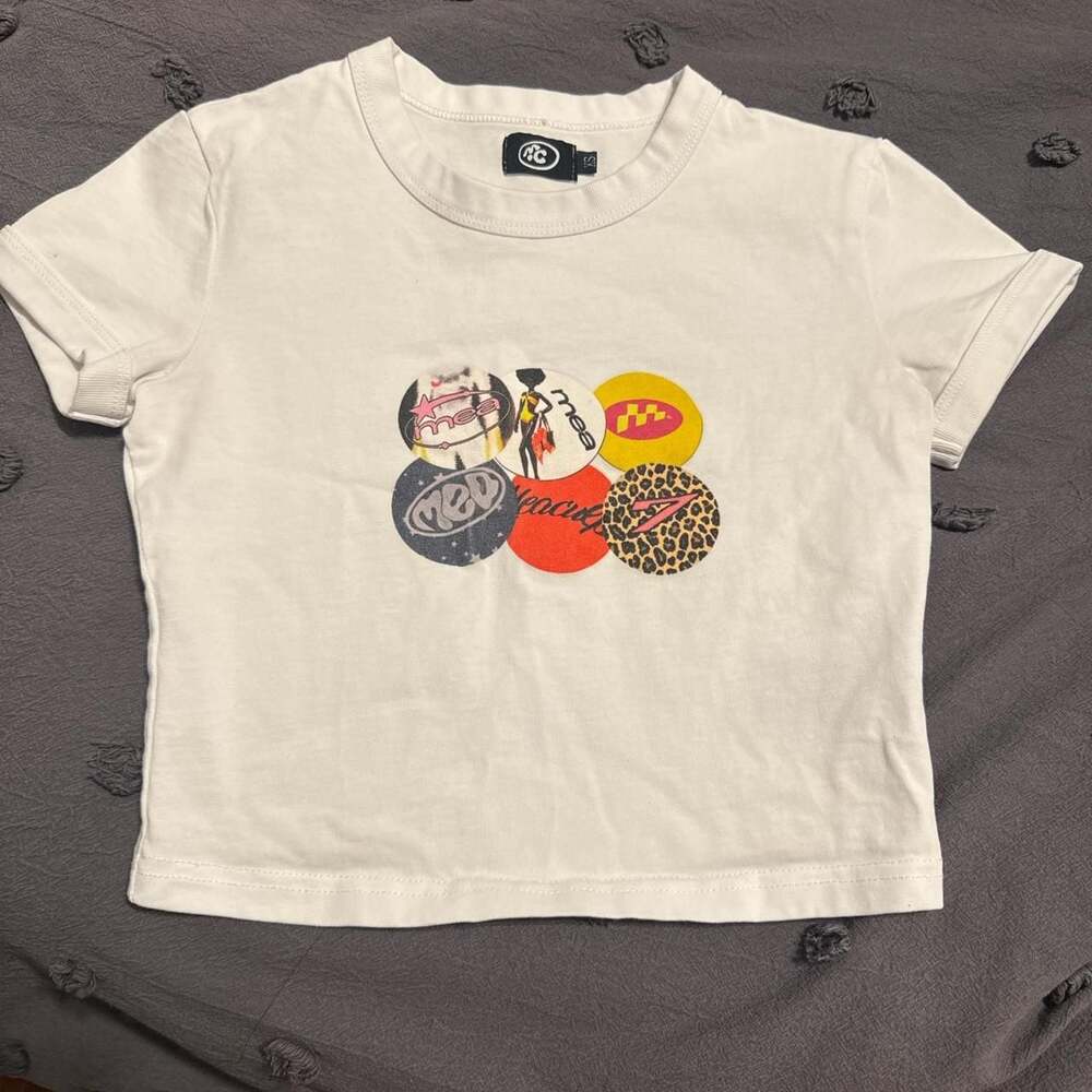 Mea Culpa Pin Graphic Baby Tee White Crop Top